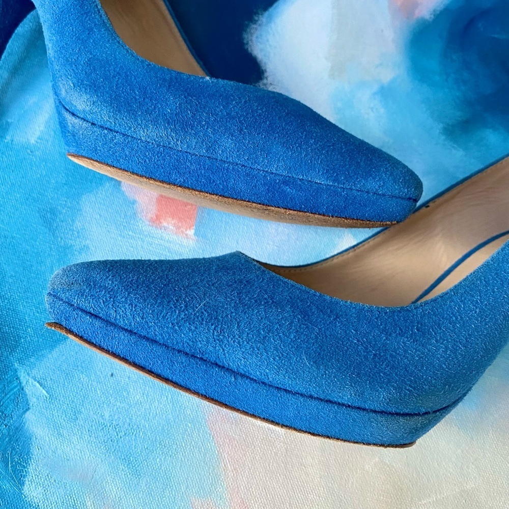 Pour La Victoire Blue Suede Platform Pumps Heels Size 9.5 Pointed Toe Designer - Picture 11 of 12
